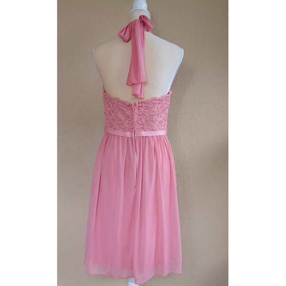 David's Bridal Tie Neck Halter Floral Lace Mini Bridesmaid Dress Parfait Pink 8 - Picture 2 of 14